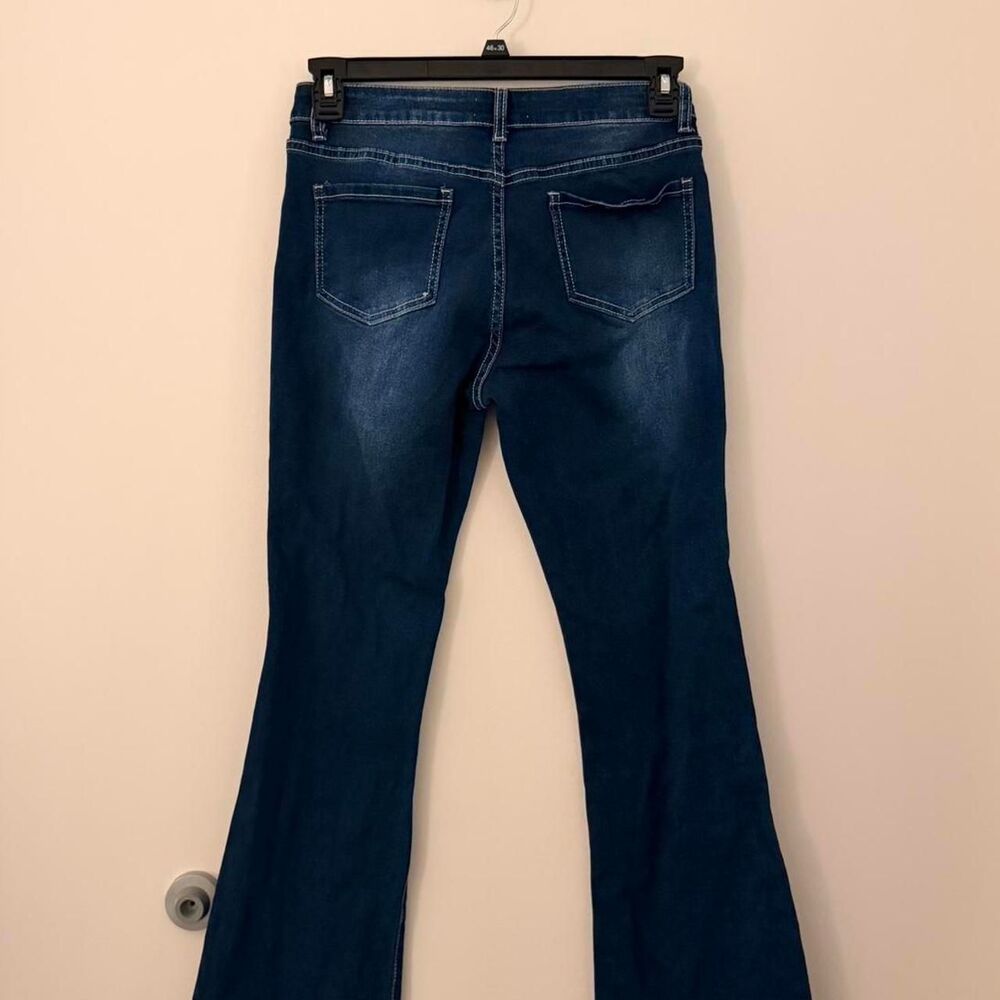 Bamboo Womens mid rise blue dark wash bootcut jeans with cross embroidery stitch - Picture 3 of 4